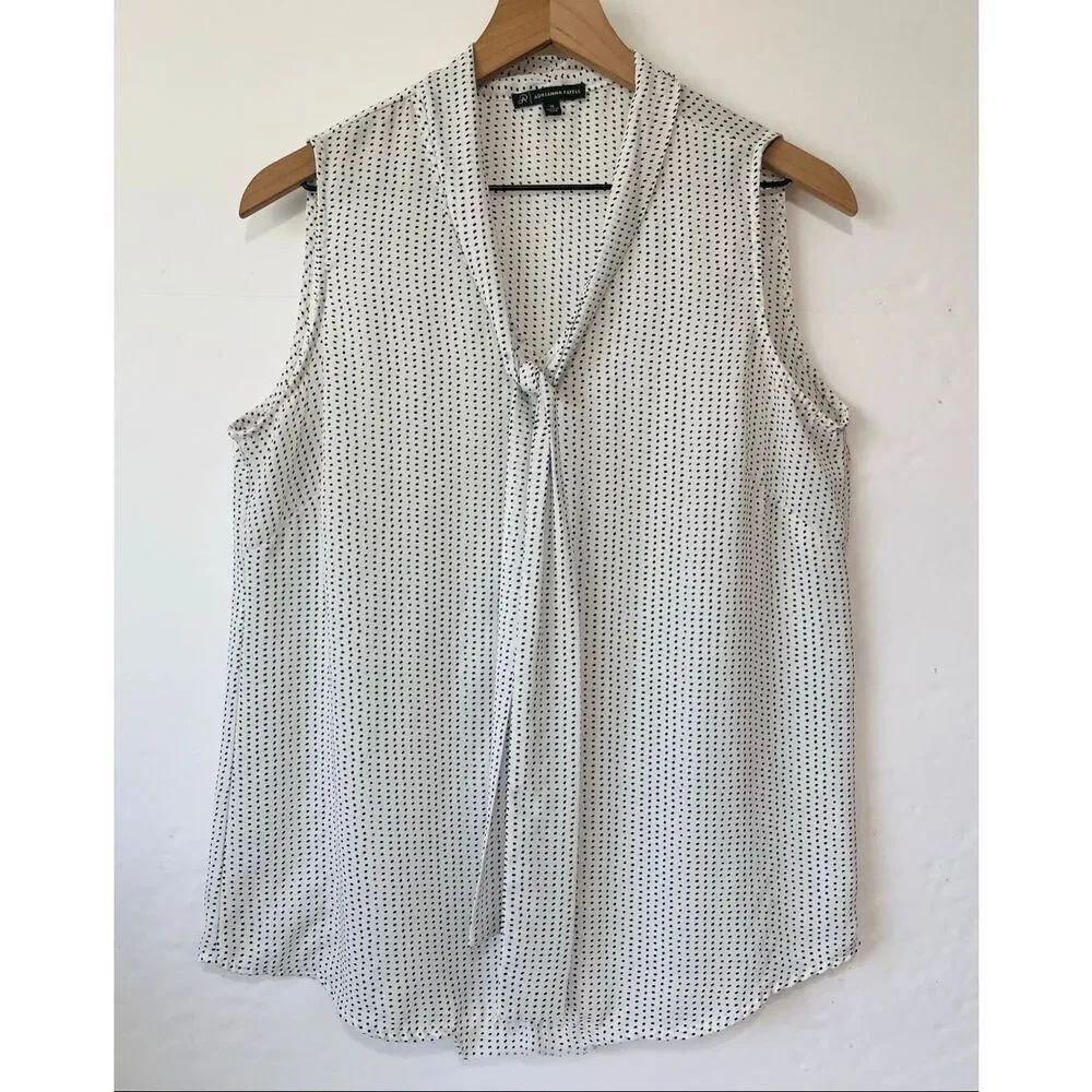 Adrianna Papell White With Black Polka Dots And Tie Neck Blouse Size M